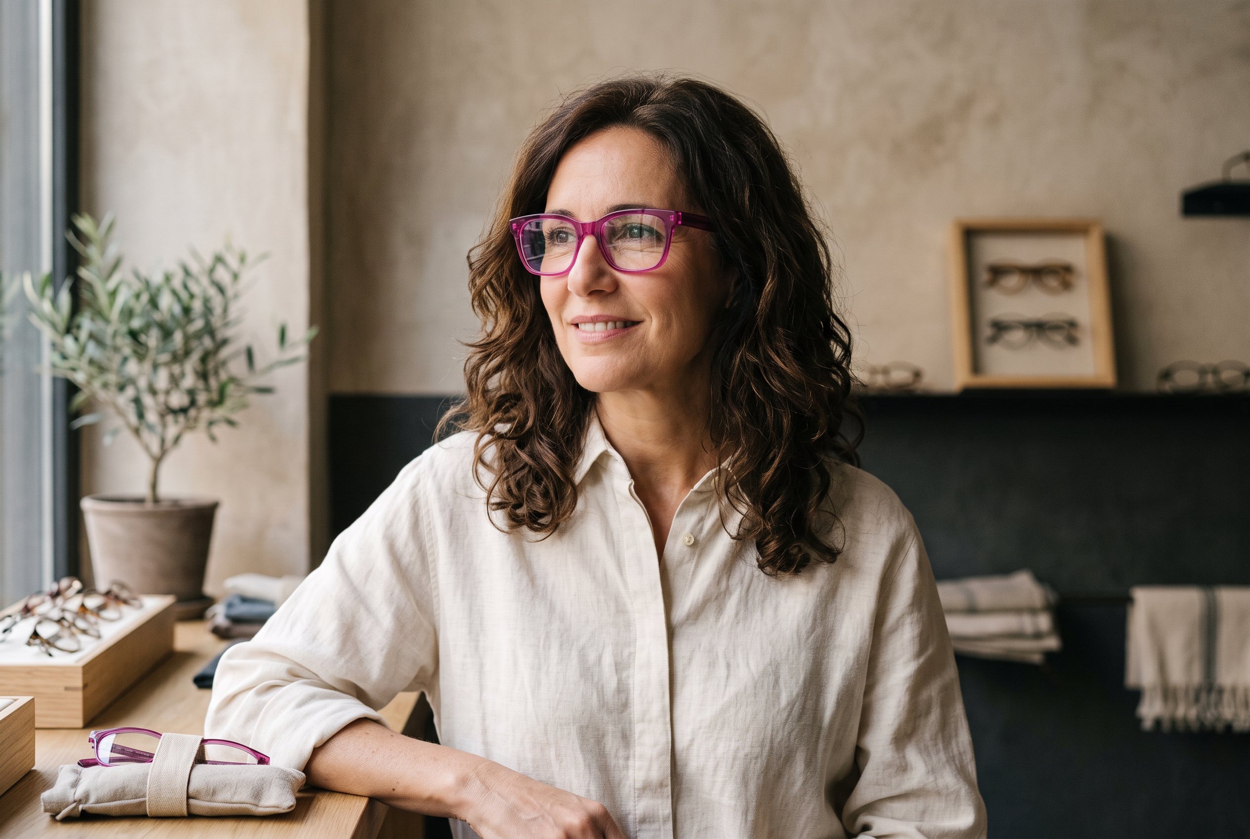 Mujer con una montura de gafas en color magenta