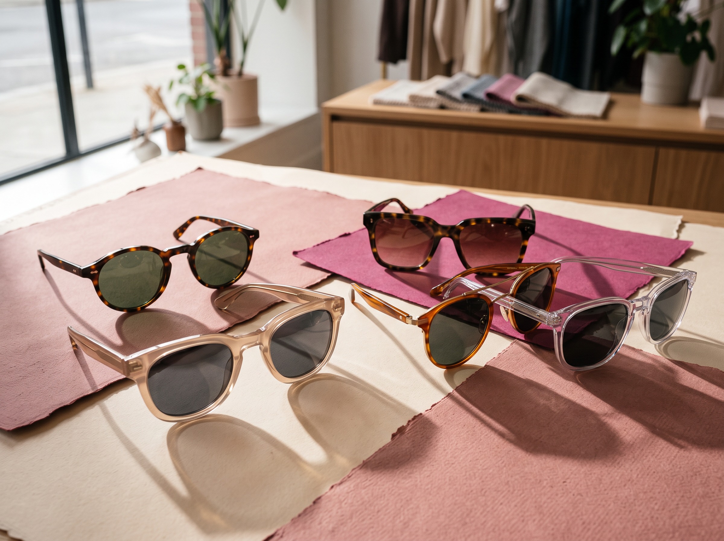 Selección de gafas de sol sobre papel rosa